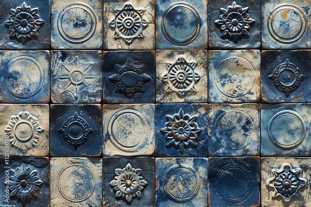 Poster blue and white distressed tiles with various embossed floral and geometric patterns arranged in a gr