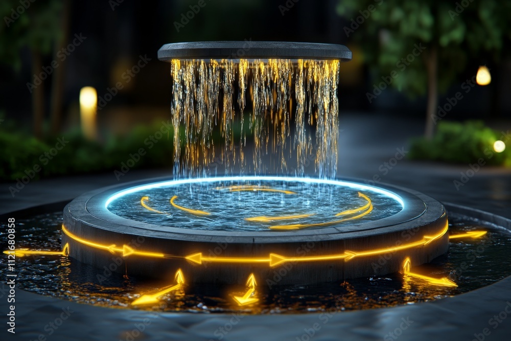 Poster a futuristic visualization of the water cycle, with glowing holographic arrows showing evaporation, 