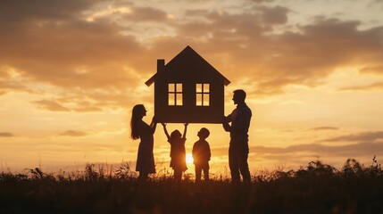 Family Silhouette Holding a House at Sunset