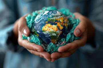 hands holding a miniature model of the Earth. The globe is wrapped in green plastic, symbolizing...