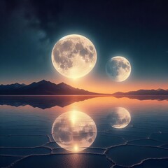 127 Salt Flats with Twin Moons The reflective surface of salt fl