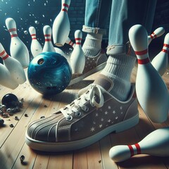 128 Bowling a Strike Bowling pins scattering after being hit by