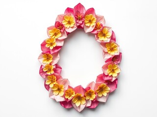 Obraz premium An intricate Easter egg design made from interlocking flower petals in shades of pink and yellow, yellow flowers, colorful vases, spring decorations