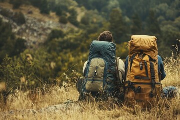 Obraz premium Adventure travelers with rugged luggage enjoying stunning natural views in the wilderness captured in a scenic outdoor landscape invoking wanderlust and exploration