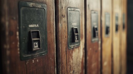 Vintage Wooden School Lockers with Aged Texture and Black Signs. AI generated illustration