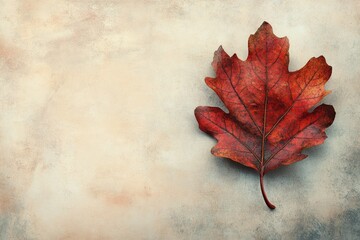 Single dried red leaf on a textured beige background. Autumnal scene.