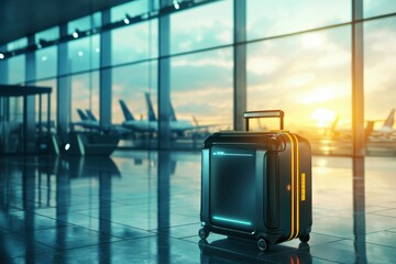 High-tech smart luggage at the airport during sunset modern travel gear in a bright environment showcasing digital features for effortless journeys