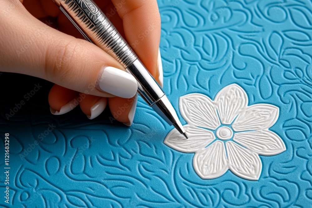 Aufkleber A hyper-realistic close-up of a designer hand sketching on a textured paper with a fine-tip pen, capturing intricate shading and lighting details