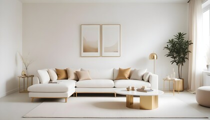 Modern living room interior composition with grey modern sofa, wooden , folding screen and modern Home