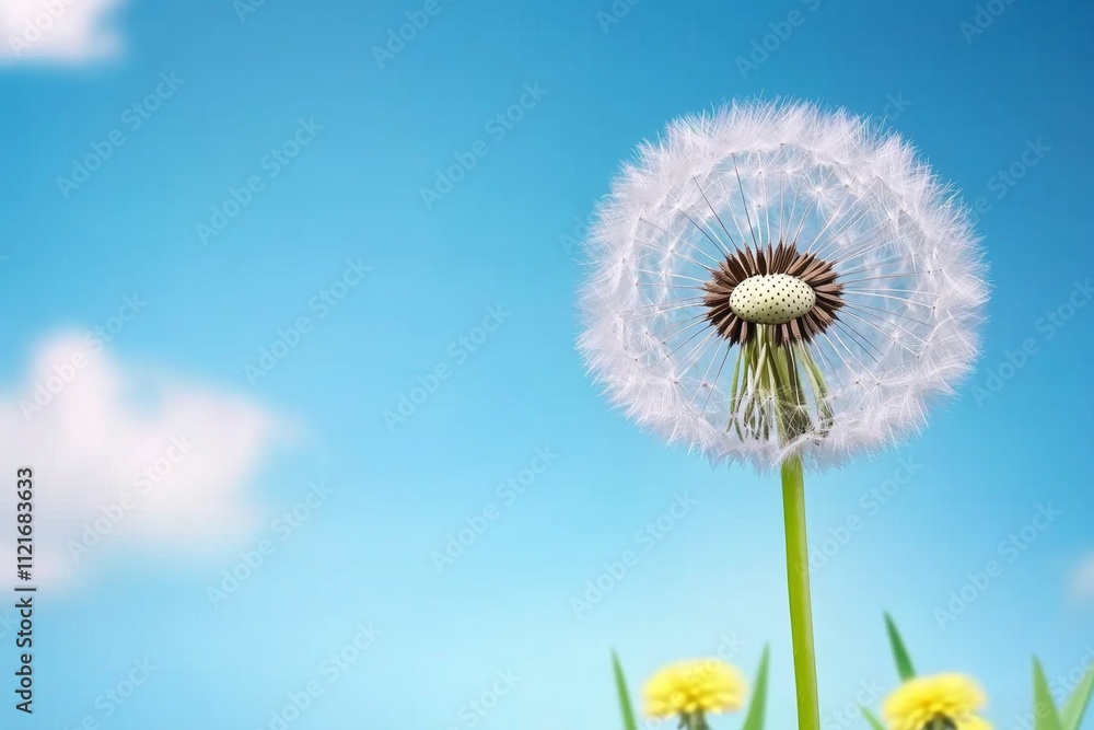 Poster A hyper-realistic close-up of a single dandelion puff, with intricate details of each seed and stem, set against a softly blurred background