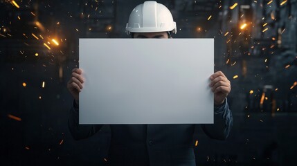 A man is holding a white sign in front of a wall with sparks flying