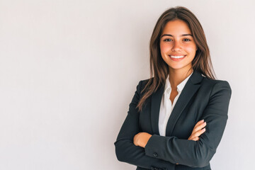 Portrait of a business smiling Muslim woman about 30 years old in a business suit on a bright background in the studio