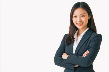 Portrait of a business smiling Chinese woman about 30 years old in a business suit on a bright background in the studio