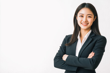 Portrait of a business smiling Chinese woman about 30 years old in a business suit on a bright background in the studio