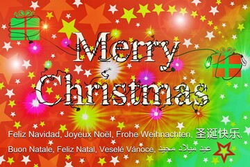 Naklejka premium Felices fiestas en varios idiomas con luces, bombillas, estrellas, regalos e iluminación de colores