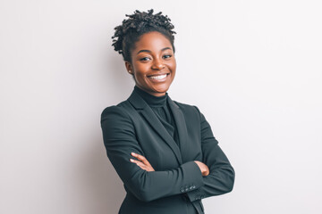 Portrait of a business smiling African American woman about 30 years old in a business suit on a bright background in the studio
