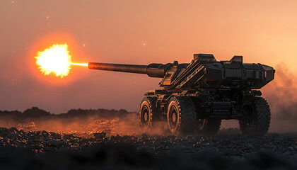 Futuristic self propelled artillery system firing at sunset, showcasing advanced military technology and powerful weaponry in dramatic landscape