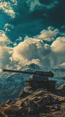Fototapeta premium heavy duty autocannon is stationed on mountain outpost, surrounded by dramatic clouds and snow capped peaks, showcasing powerful military presence in rugged landscape
