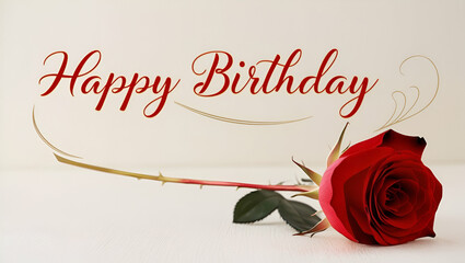 Obraz premium Happy birthday card, red rose, floral decoration, birthday wishes, elegant design, floral accents, birthday greetings, celebration, red rose bouquet, joyful occasion, vibrant flowers, cheerful message