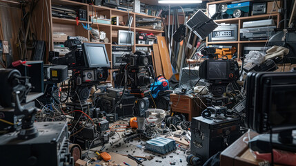 a chaotic studio or workshop interior filled with various equipment and machinery. T 