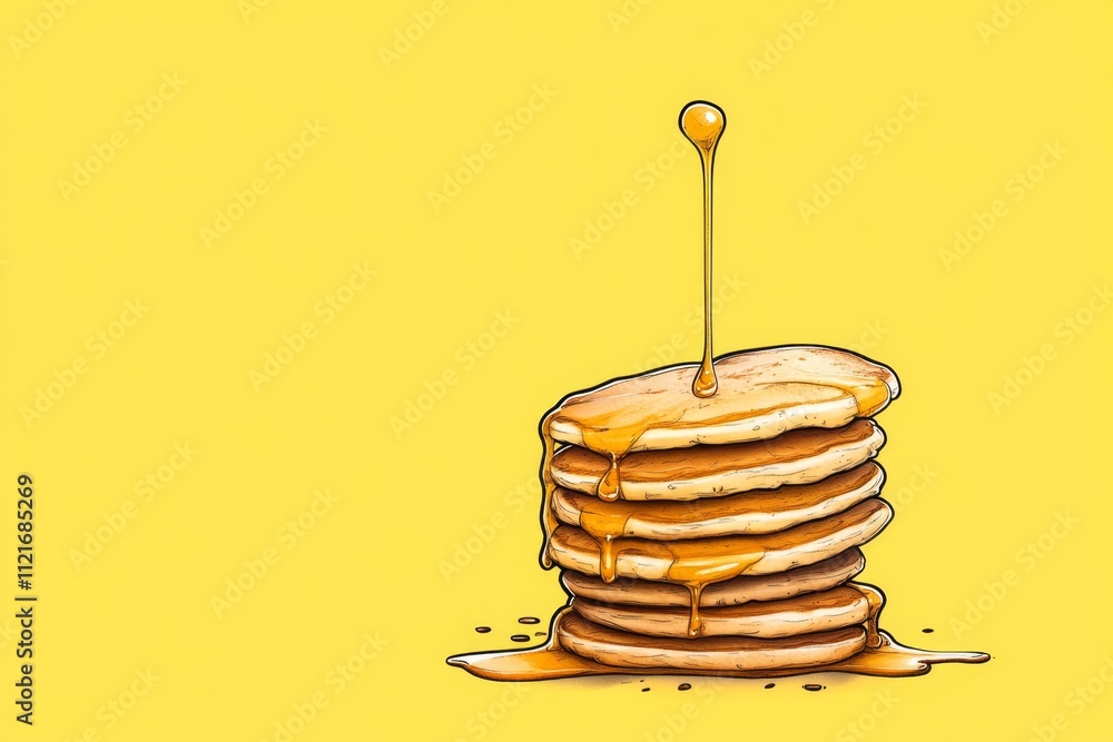 Poster A minimalist design of a stack of pancakes with syrup dripping elegantly, drawn in clean, sharp lines and muted tones