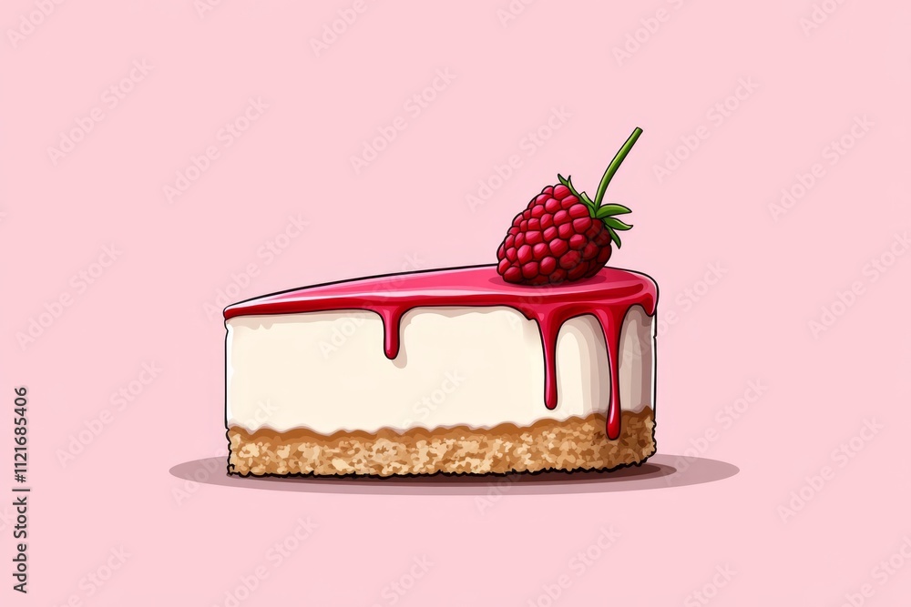 Poster A minimalist flat vector design of a single slice of cheesecake with a thin raspberry drizzle, illustrated in soft pastel tones