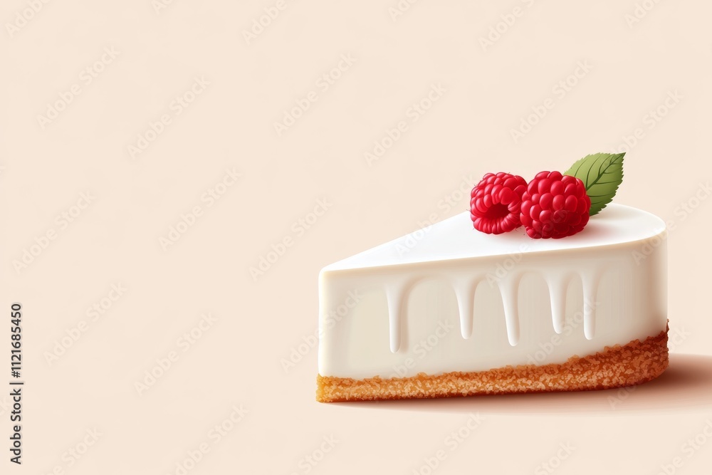 Poster A minimalist flat vector design of a single slice of cheesecake with a thin raspberry drizzle, illustrated in soft pastel tones