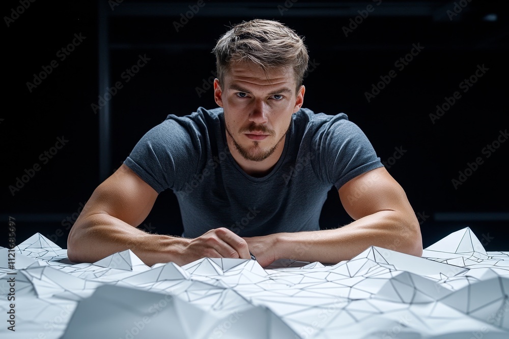 Poster a moody depiction of a designer drafting dark, intricate patterns on parchment, surrounded by shadow