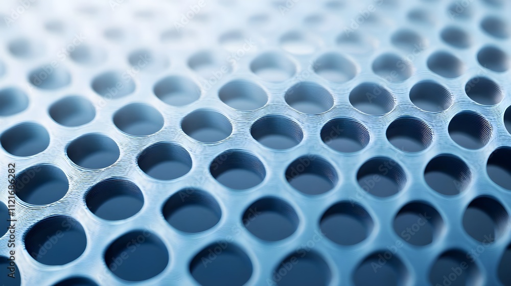 Poster abstract blue 3d printed lattice structure with circular holes, technology background