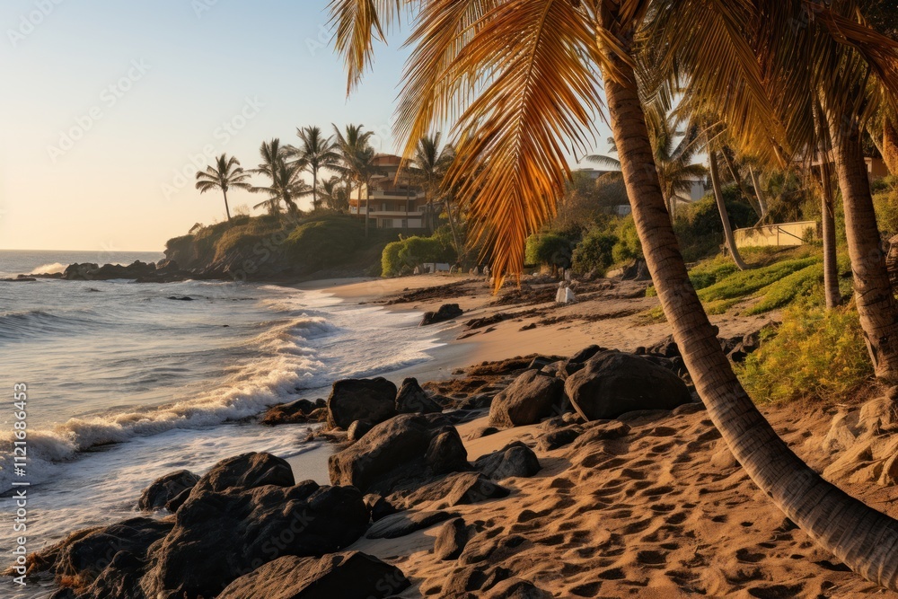 Poster serene coastal view at sunset with palm trees and rocky shoreline creating a tranquil atmosphere