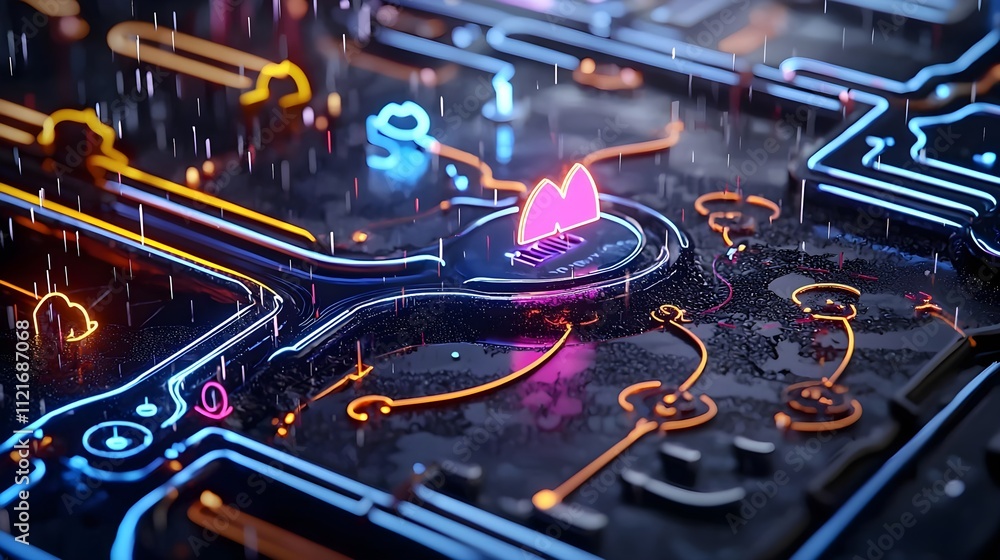 Poster abstract neon circuit board with rain and glowing icons - futuristic technology background