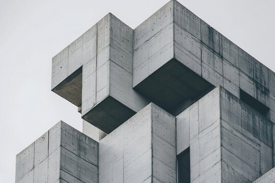 A towering brutalist office building with a raw concrete facade, featuring bold geometric shapes and sharp angles, exemplifying the raw, industrial nature of brutalist architecture, art, and design.
