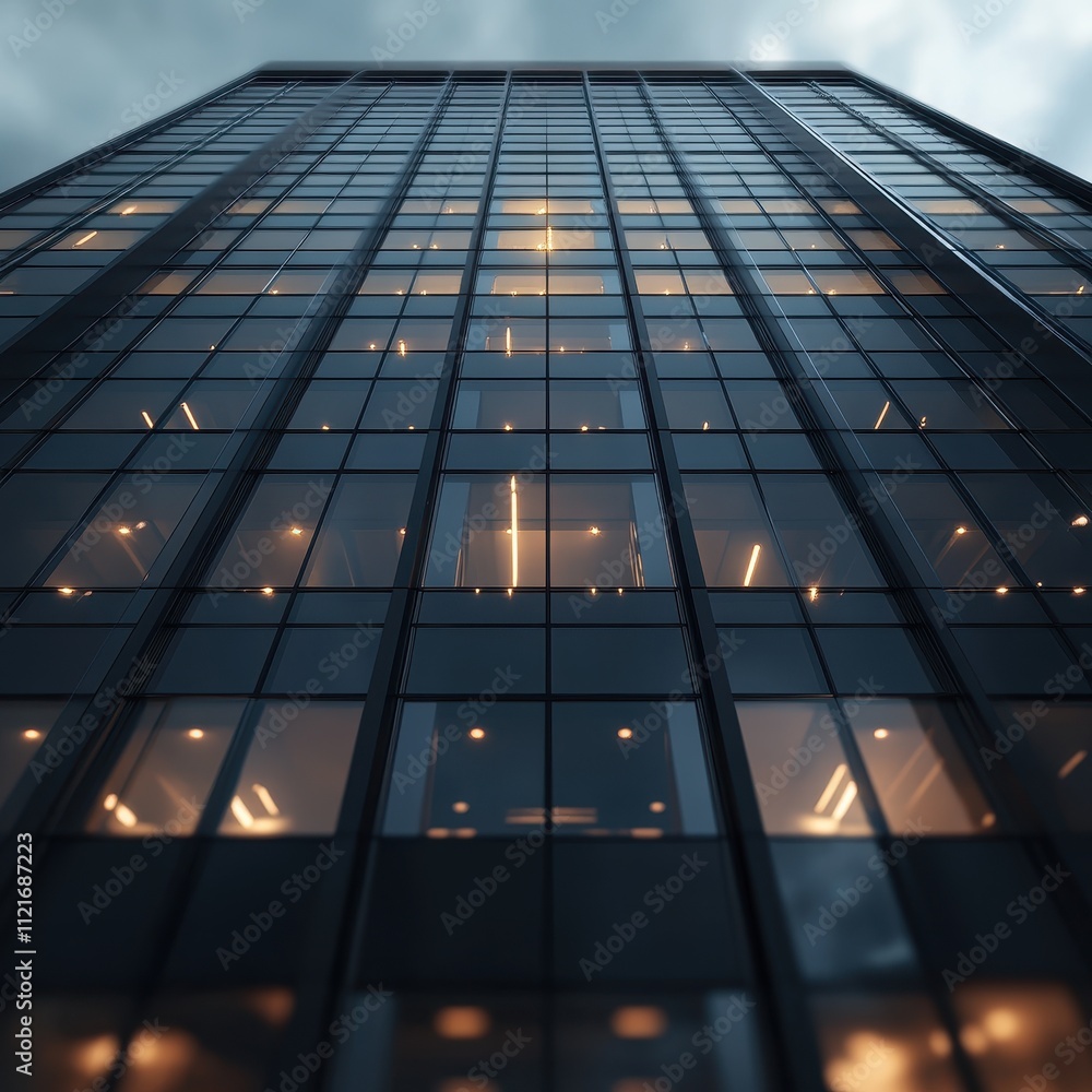 Poster towering skyscraper facade with glowing windows at dusk