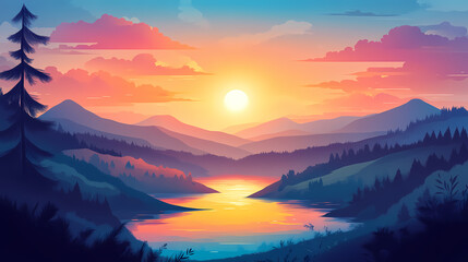 Obraz premium Stunning sunset illuminating tranquil hills valleys vibrant colors reflecting beauty, clouds, sky, orange, pink, blue, light, silhouette, view, nature. Arcadia. Illustration