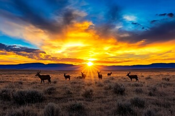 A photo of a group of deer grazing in an open meadow during golden hour, surrounded by wildflowers and tall grass