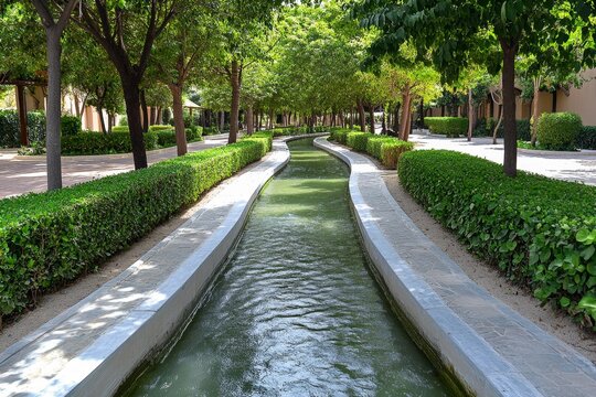 A photo of a traditional Arabian falaj (irrigation channel) running through a lush garden in Abu Dhabi, with greenery surrounding it