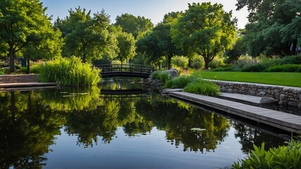 Fototapeta premium Tranquil Garden Pond with Bridge Reflection