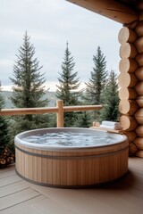 Fototapeta premium A tranquil wooden hot tub sits outdoors, surrounded by lush greenery, with majestic mountains in the background. Gentle water bubbles create a peaceful atmosphere under a clear sky