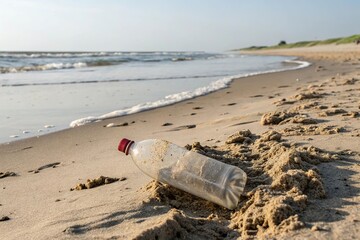 A single empty dirty plastic bottle partially buried in the sand on a seaside beach at high tide, pollution, beach, ocean, empty bottle, tide