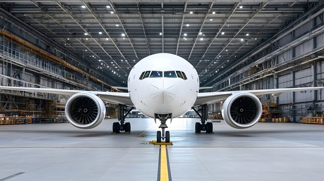 Boeing 777 in Airplane Hangar, Front View, Maintenance, Aviation Industry