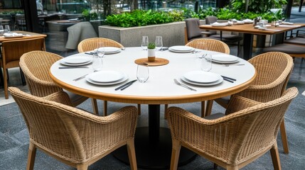 Obraz premium A round dining table showcases a clean and modern design, surrounded by wicker chairs. Natural light illuminates the space, creating a warm atmosphere for guests