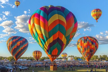 Fototapeta premium A festival comes alive as colorful hot air balloons illuminate the night sky above a crowd