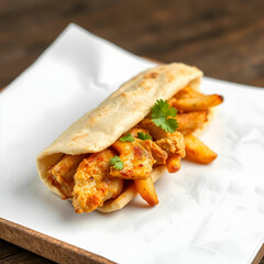 Side view shawarma pita roll with chicken and fried potatoes isolated on the blank