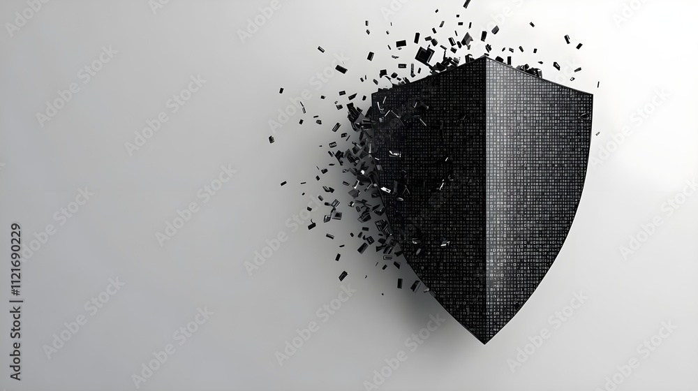 Aufkleber cyber security shield: data protection concept, digital shield breaking apart, binary code