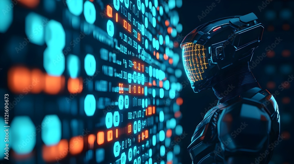 Poster cyborg examining digital data stream - futuristic ai technology