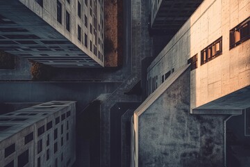 Obraz premium An aerial perspective of a brutalist cityscape, featuring rugged concrete buildings and wide open streets, capturing the raw, industrial beauty of brutalist architecture, design, and art. 