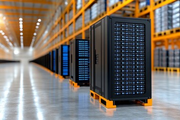 A row of database backup drives labeled with dates and stored neatly on metal shelves in an archive room