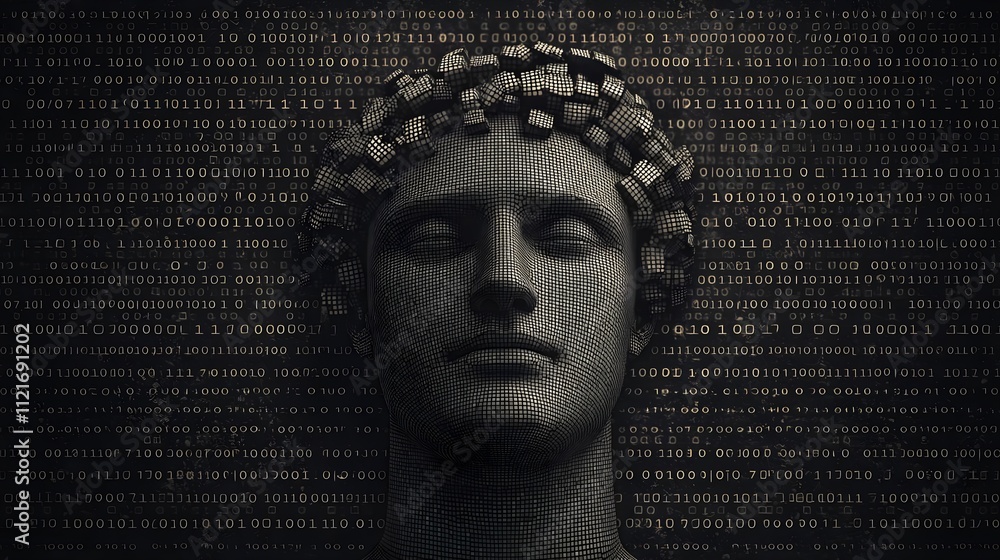 Poster digital head sculpture: binary code and ai concept