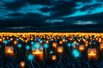 A serene image of a dandelion field under a starry night sky, with glowing fireflies adding a magical touch