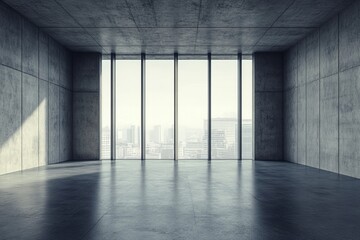An empty brutalist room with minimalistic concrete walls and large windows.Raw concrete.Brutalist architecture.Brutalism art.Brutalist design.